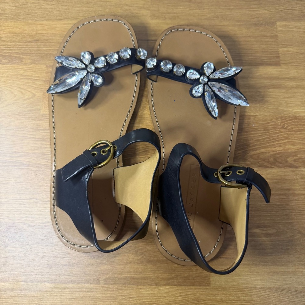 Marc Jacobs Black Leather Crystal Embellished Ankle Strap Flat Sandals 38.5 EU